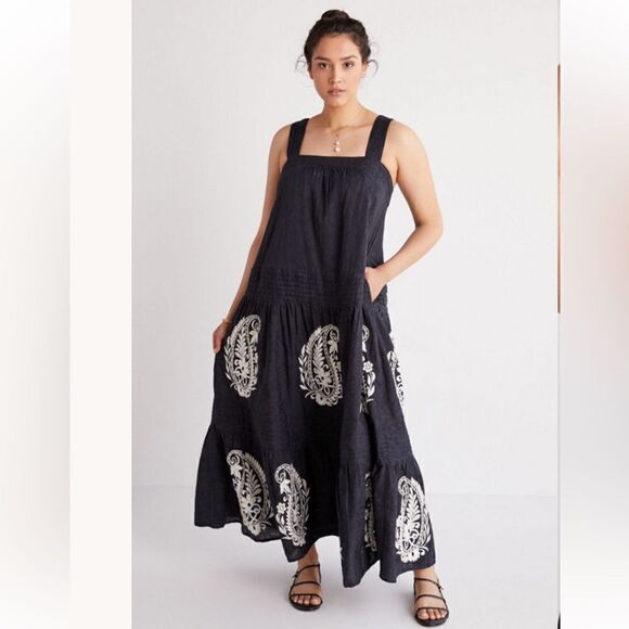 Anthropologie Felicity Embroidered Maxi Dress Women’s Size Small Black/Ivory - Picture 1 of 14